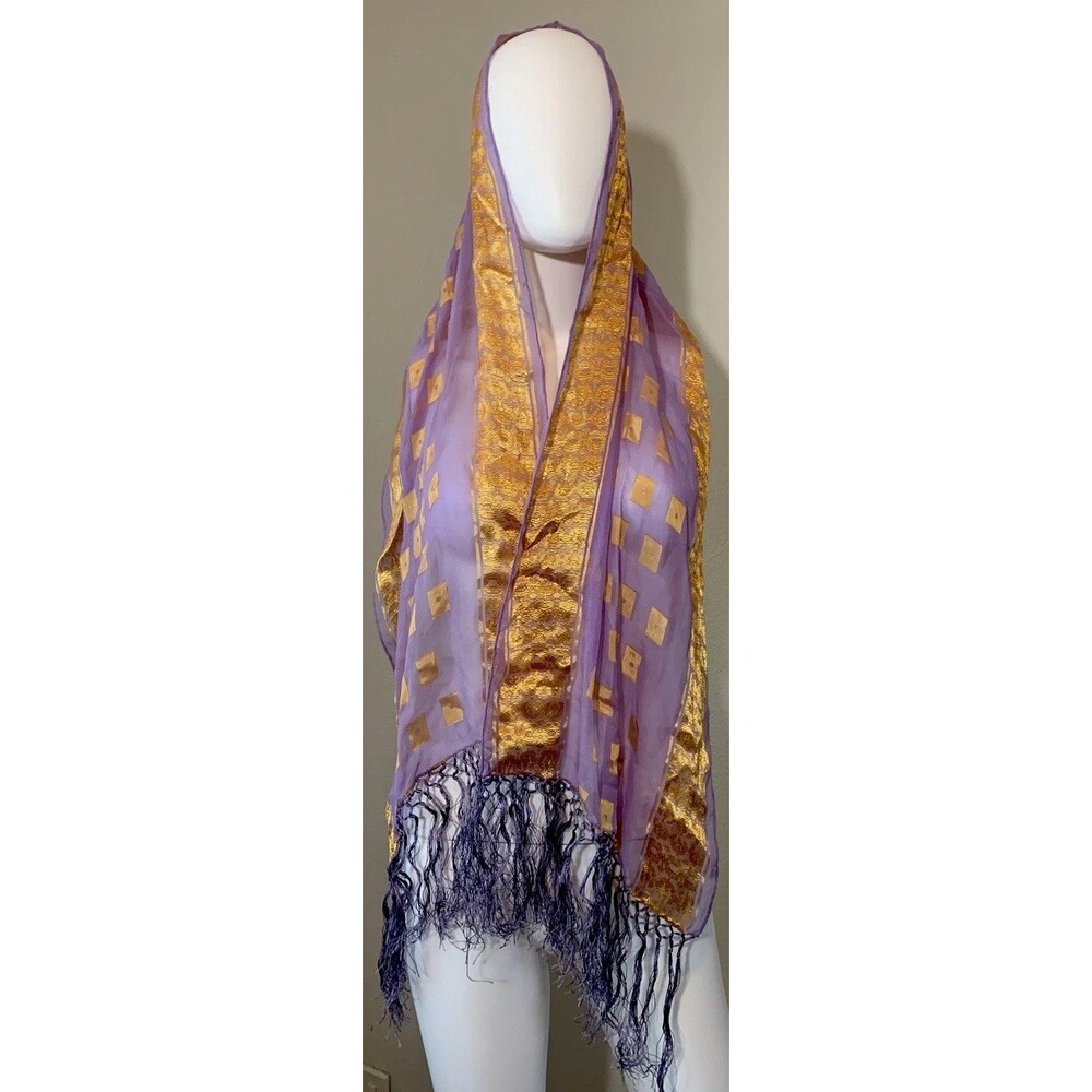 Vintage Lavender Purple & Gold Brocade Fringe Head or Neck Scarf Shawl Long Wrap
